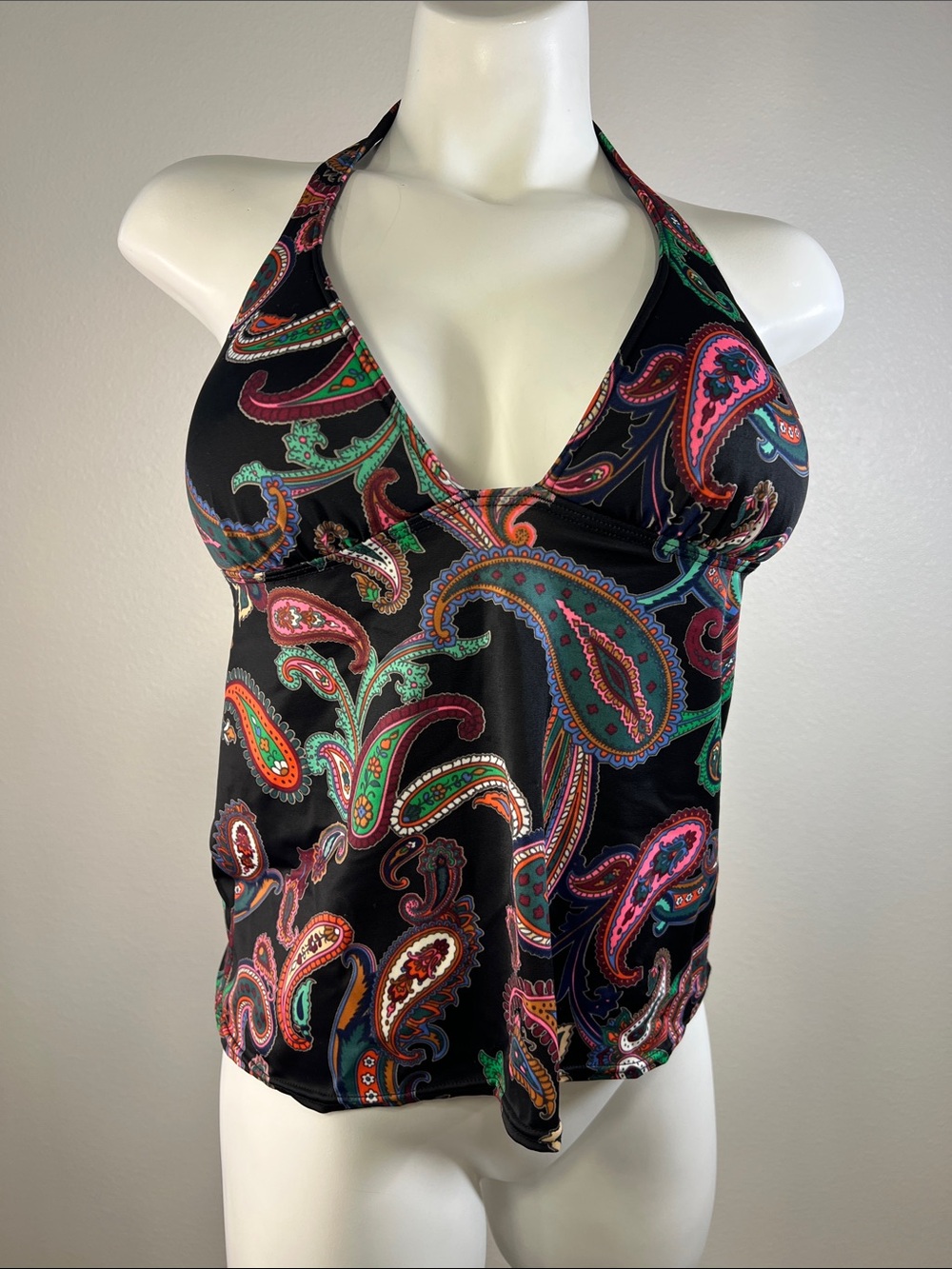 Victoria's Secret Black Paisley Halter Tankini Top with Multicolor Accents MED
